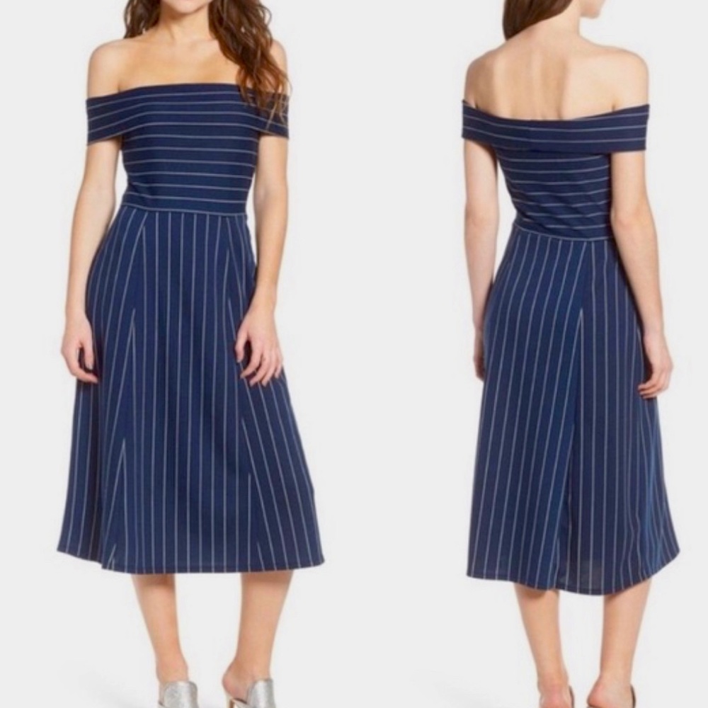 Wayf navy and white off the shoulder dress